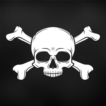 Human evil skull vector on black background. Jolly Roger with crossbones logo template. death t-shirt design. Pirate insignia concept. Poison icon illustration