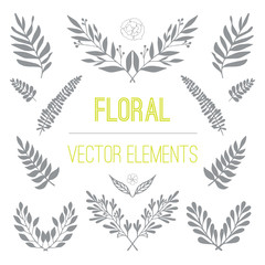 Fototapeta na wymiar Set of hand drawn floral, nature, laurels and branches vector elements in black and white color. Decoration elements for design invitation, logo, wedding and greeting cards.