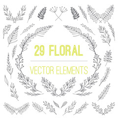 Set of hand drawn floral, nature, laurels and branches vector elements in black and white color. Decoration elements for design invitation, logo, wedding and greeting cards.