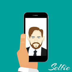 Illustration Selfie phone in hand green background