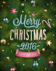 Christmas poster with fir tree texture and baubles.