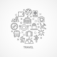 Travel illustration with icons in linear style