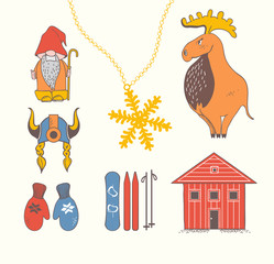 Cute stylish scandinavian set with moose, gnome, snowflake, skiing, snowboard, viking helmet, wooden house, mittens