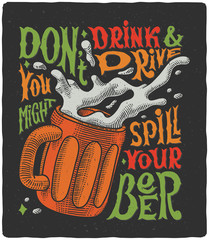 Fototapeta premium Graphic poster with mug engraving and funny text 