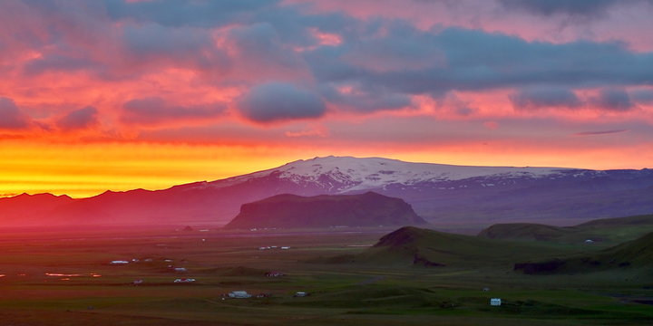 sunset over Eyjafjallajökull glacier in south iceland