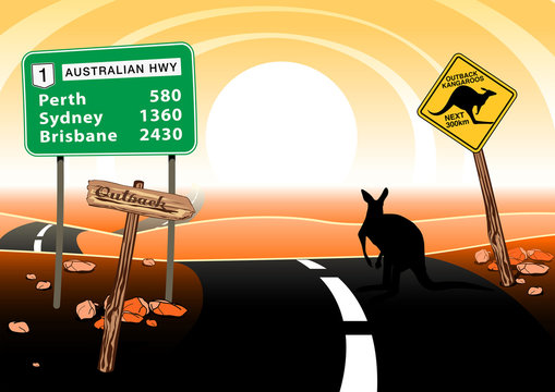 Kangaroo standing on road in the Australian outback