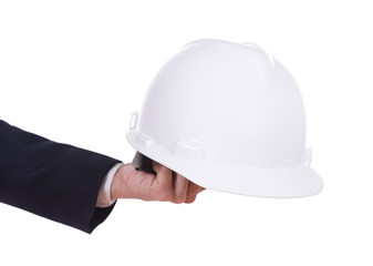 hand of engineer holding helmet