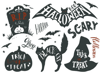 Collection of Halloween symbols with hand lettering