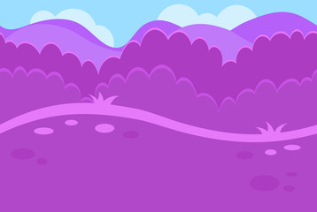 Fototapeta na wymiar Seamless Landscape of Grassy Road, Bushes and Hills in Purple for Game