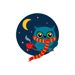 Owl with a Mug of Coffee on Branch. Vector Illustration