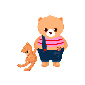 Little Bear Cub holding a Teddy Toy. Vector Illustration