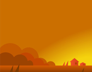 Wallpaper Landscape with Village Houses in Autumn, Vector Illustration