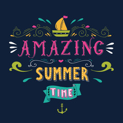 Hand drawn vintage print with a boat, anchor and hand lettering