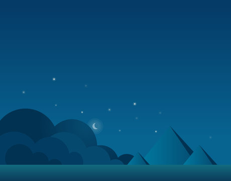 Wallpaper Landscape of Desert and Pyramids at Night, Vector Illustration