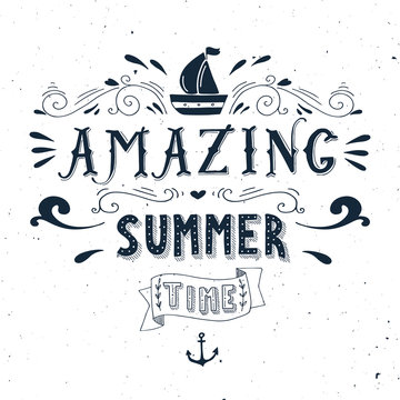 Hand drawn vintage print with a boat, anchor and hand lettering