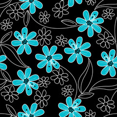 Light blue flowers on black and white embroidery in a seamless p