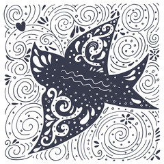 Hand drawn vintage label with swallow bird and decoration