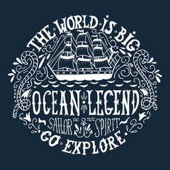 Hand drawn vintage label with a ship and lettering