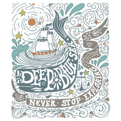 Hand drawn vintage label with a ship, whale and letterin