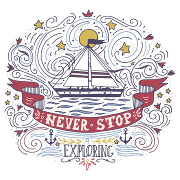 Hand drawn vintage label with a ship and lettering