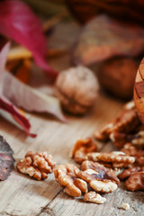 Fresh walnuts spill out of a wicker basket on autumn background