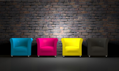 3D CMYK chairs and brick wall