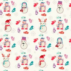 Pattern  with cute snowmen and mitten.