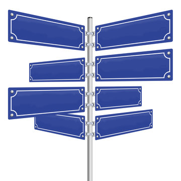 Blank street signs - eight blue, vintage style panels fixed on a pole. Isolated vector illustration over white background.