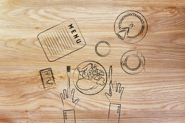 table with food, coffee and phone with customer's hands