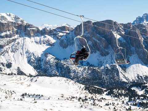Skiing area in the Dolomites Alps. Overlooking the Sella group  in Val Gardena. Italy