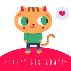 Cute ginger cat in jeans and sweater with speech bubble and heart illustration (Happy birthday card and background)
