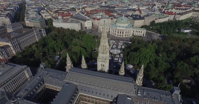 Rathaus Vienna-Town Hall & Rathauspark. Aerial View. The present Vienna City Hall (Rathaus) in Austria. Unusual view from the back yard