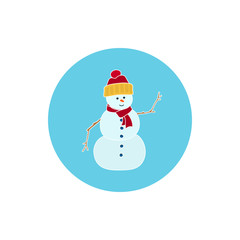 Icon Colorful Christmas Snowman in a Hat and Scarf, Round Icon Christmas Snowman, Icon Christmas Decorations,Merry Christmas and Happy New Year, Vector Illustration
