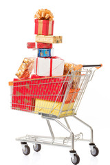 Shopping cart with Christmas gifts and presents