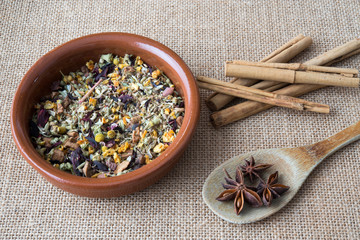 herbal bowl, spoon with star anise and cinnamon