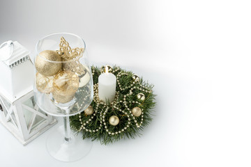 Christmas decorations and lantern on white background