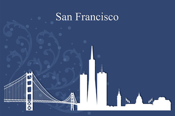 San Francisco city skyline silhouette on blue background