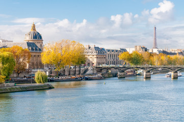 The Seine, the French Academy, the Pont des Arts and the Eiffel tower seen from the Pont Neuf in...