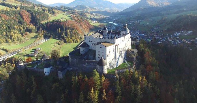 Aerial view of alpine castle Hohenwerfen near Salzburg, Austrian Alps