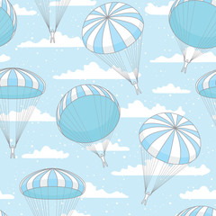 vector seamless pattern with blue parachute, clouds and snow
