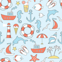 vector seamless pattern with flat sea, marine line icons