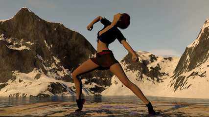 Female Dancer On Ice With Mountain Range