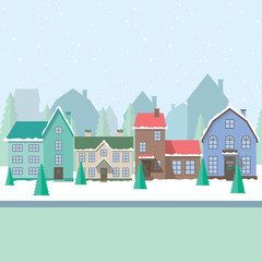 Vector flat illustration with Christmas, winter houses, vector card, city landscape.