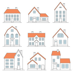 vector thin line houses icons set