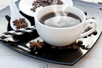 hot coffee in a white cup