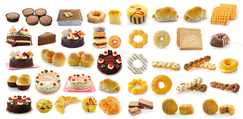 Bread, donuts, cakes, bread, sausage,  Mooncakes isolated on whi