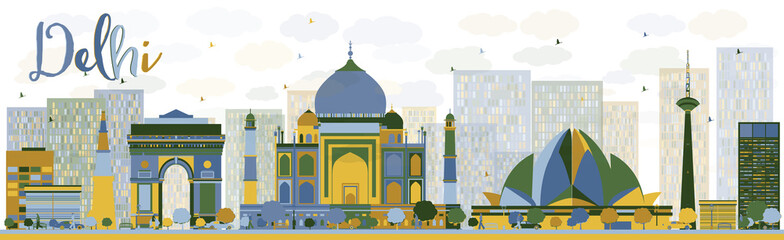 Abstract Delhi skyline with color landmarks. Some elements of illustration have transparency mode different from normal