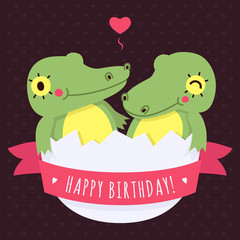 Obraz premium Cute twins baby crocodiles in egg vector happy birthday card and background with heart and pink ribbon