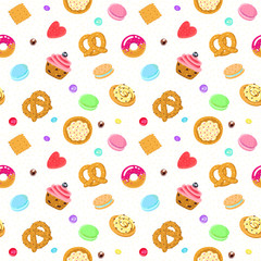 Vector confection and sweets seamless pattern with pastries, candies, pretzels and muffin