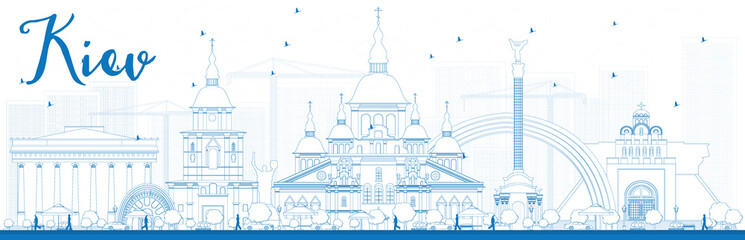 Outline Kiev skyline with blue landmarks. Some elements of illustration have transparency mode different from normal